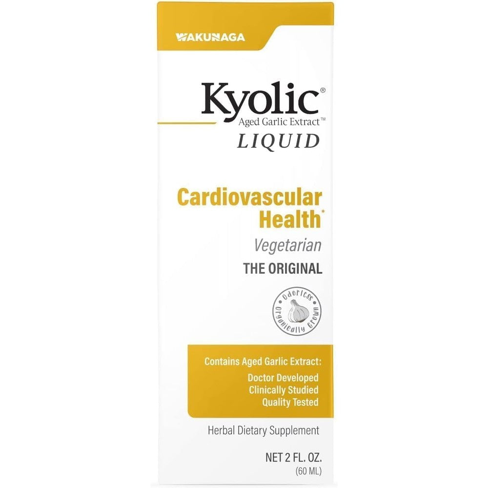 Kyolic Aged Garlic Extract Liquid 120ml front packaging for cardiovascular health.
