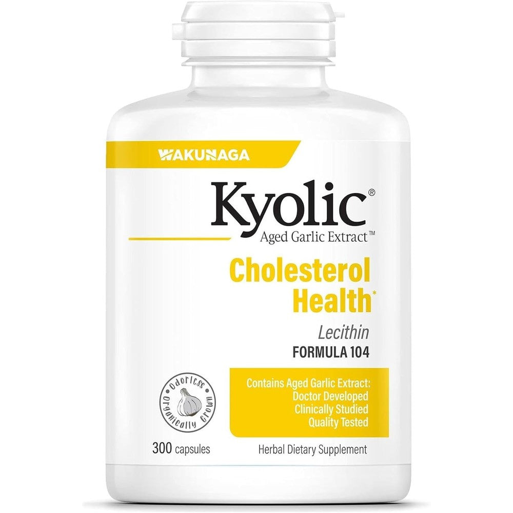 Kyolic Aged Garlic Extract Cholesterol Formula 104 front view bottle showing 300 capsules specification for heart health