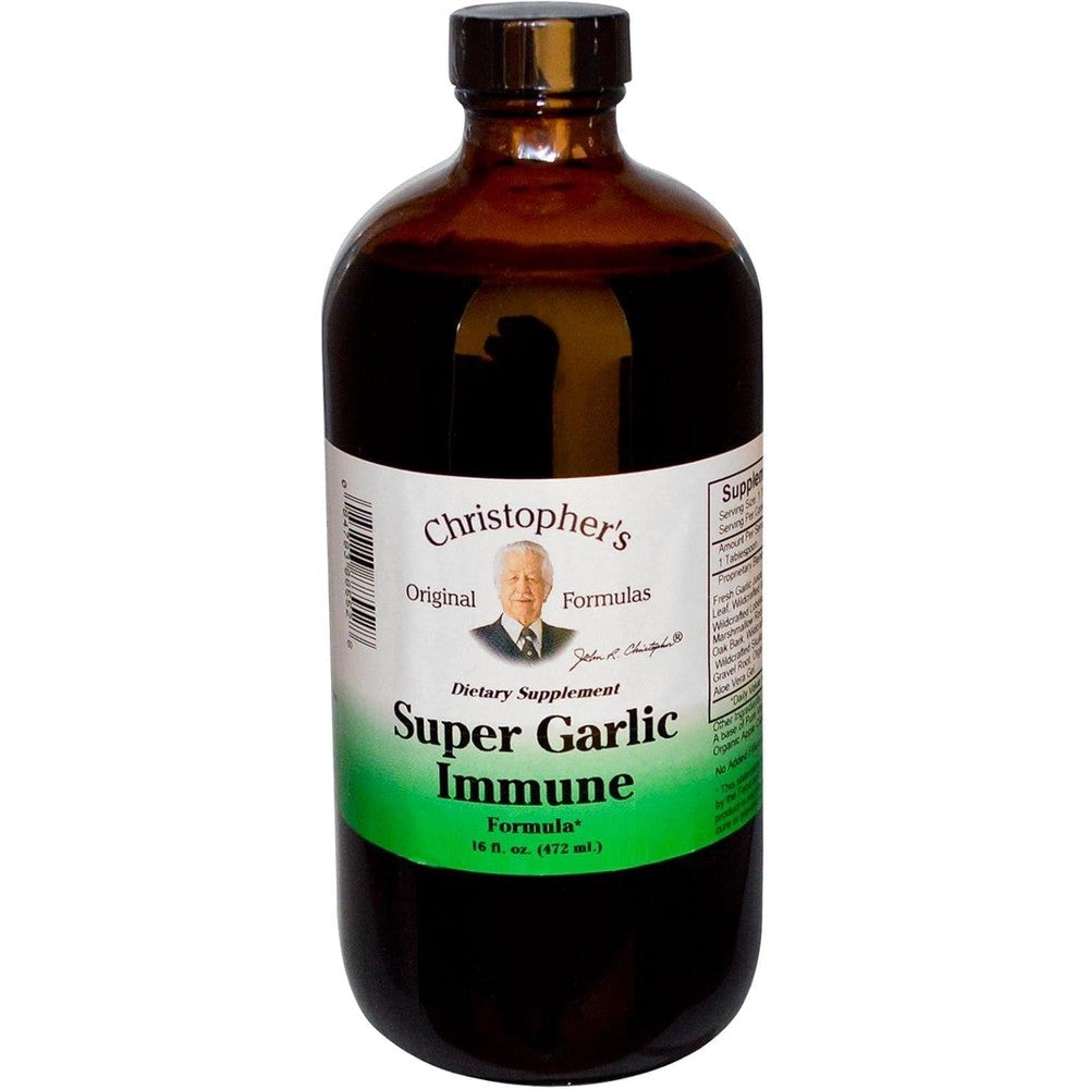 Dr. Christopher's Formulas Super Garlic Immune Syrup 16 Fluid Ounce bottle front view showing authentic USA packaging