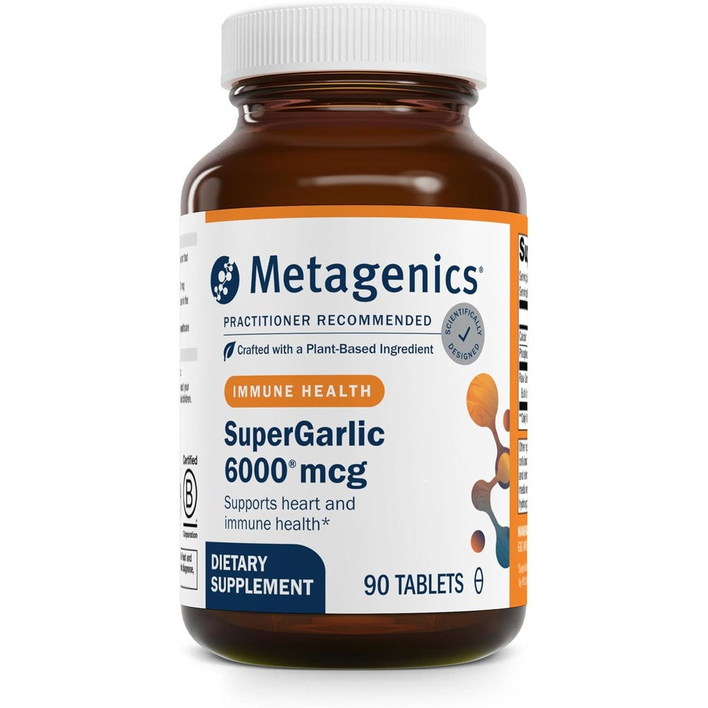 Metagenics SuperGarlic 6000 bottle front view showcasing authentic high potency garlic supplement.