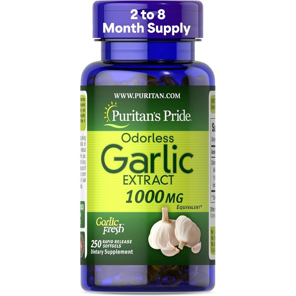 Puritan's Pride Premium Odorless Garlic 1000 Milligrams 250 softgels front view bottle for heart health support