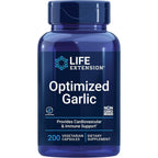 Life Extension Optimized Garlic 200 Vegetarian Capsules front view bottle for cardiovascular wellness