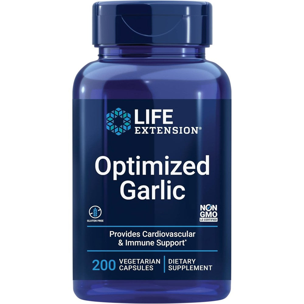 Life Extension Optimized Garlic 200 Vegetarian Capsules front view bottle for cardiovascular wellness