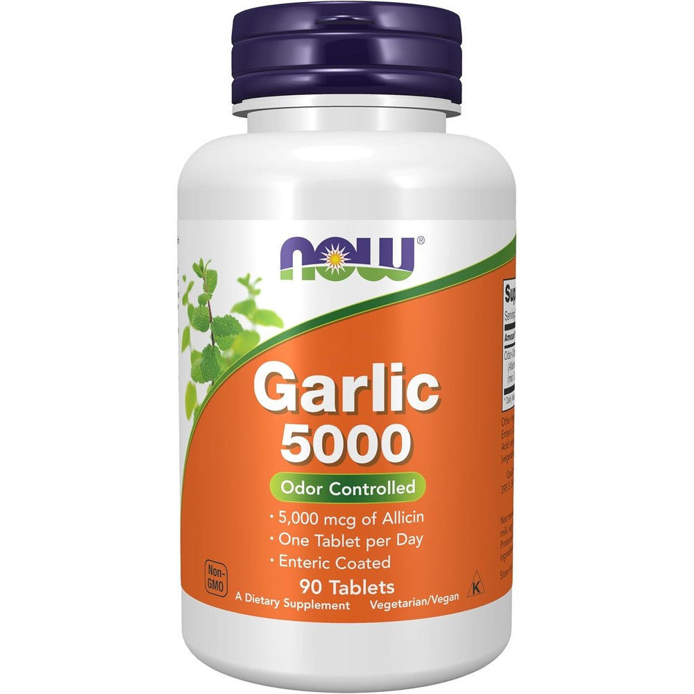 NOW Foods Garlic 5000 enteric coated 90 tablets front bottle view