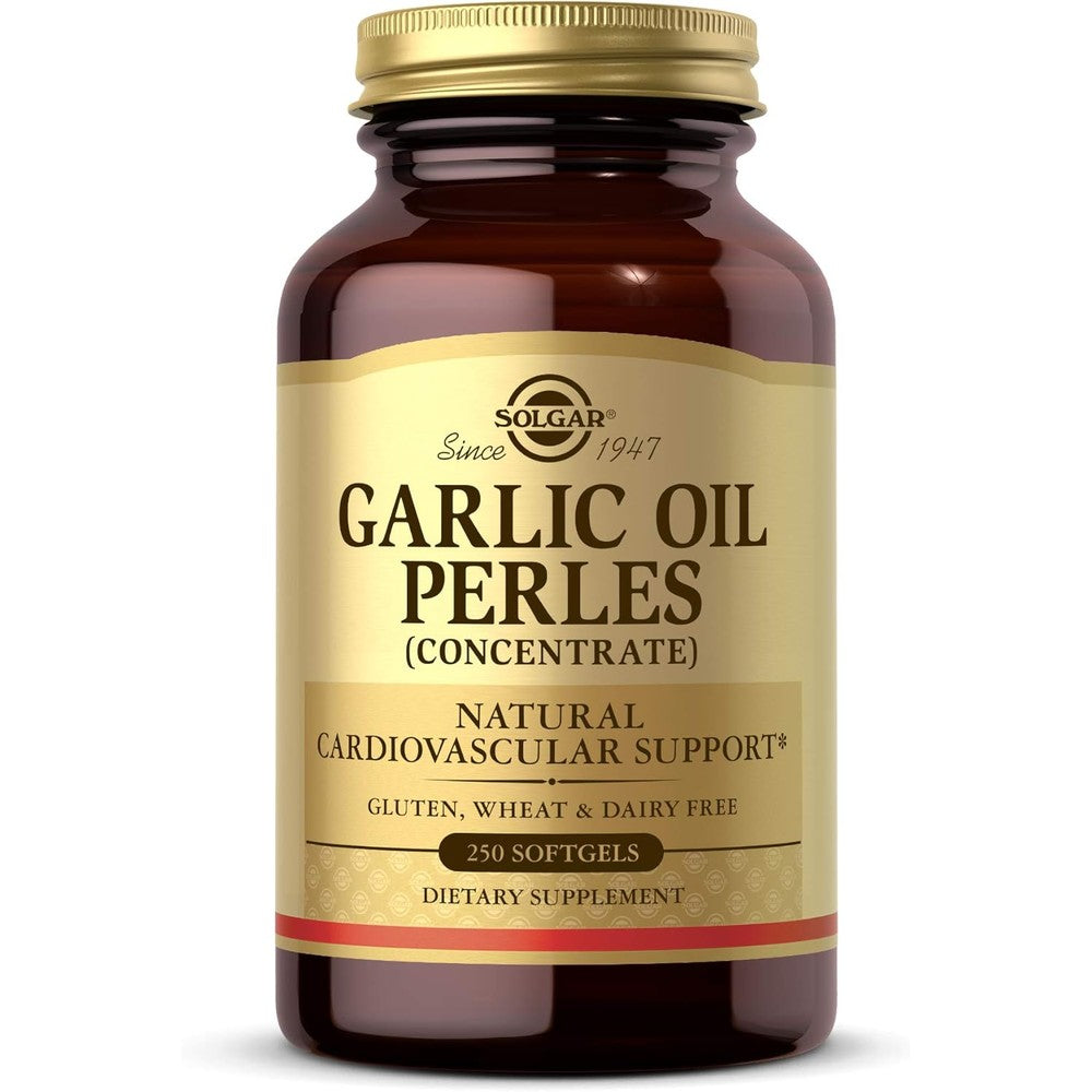 Solgar Garlic Oil Perles 250 softgels front bottle view for cardiovascular support.