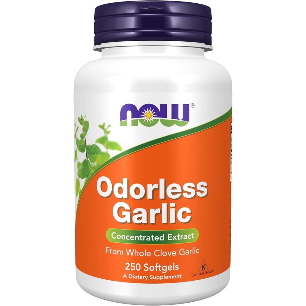 NOW Foods Odorless Garlic 250 softgels bottle front view for cardiovascular support.