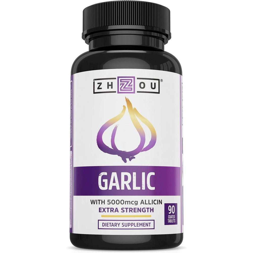 Zhou Extra Strength Garlic with Allicin supplement bottle front view for immune support.