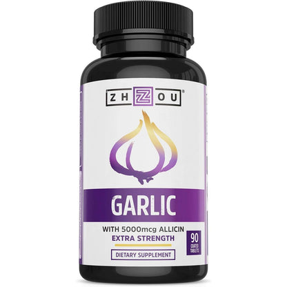 Zhou Extra Strength Garlic with Allicin supplement bottle front view for immune support.