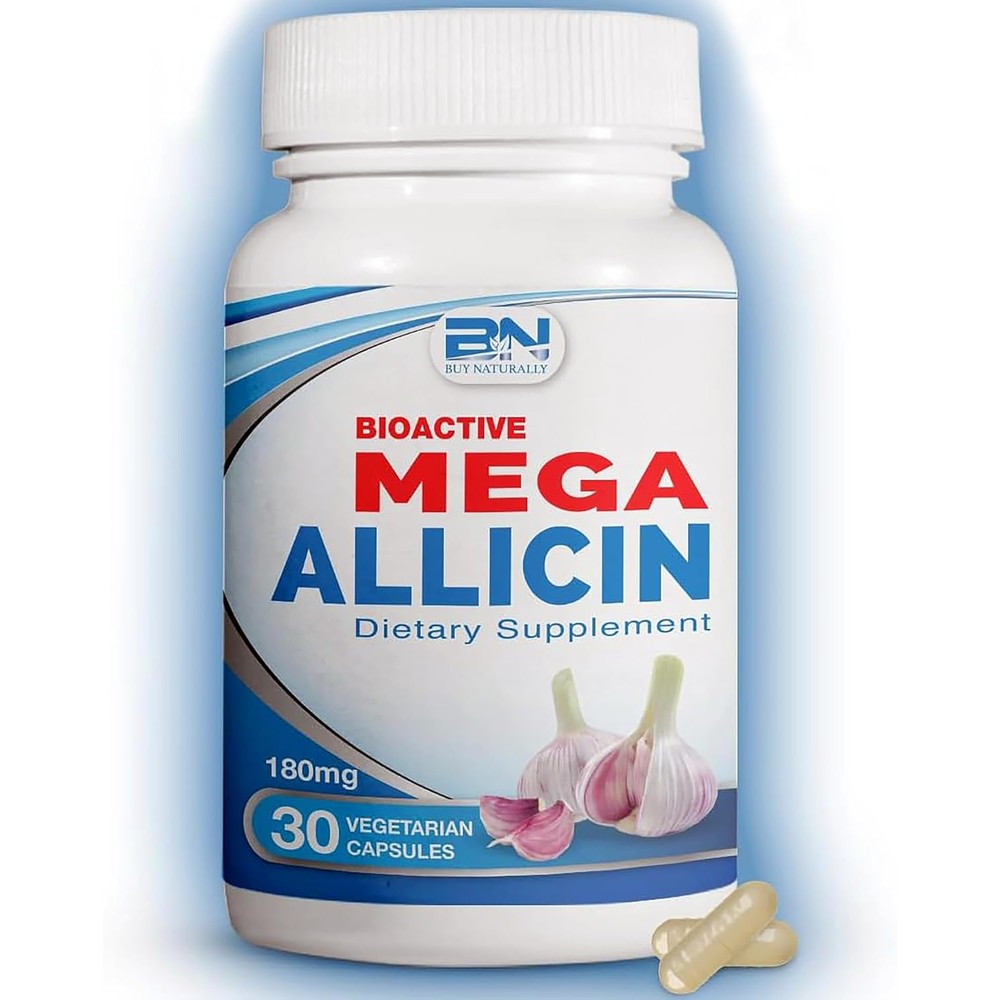 BuyNaturally Mega Allicin 180mg supplement bottle front view for immune defense.