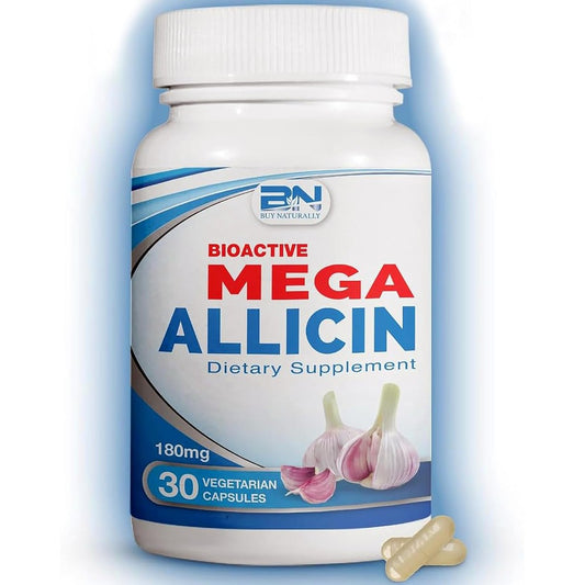 BuyNaturally Mega Allicin 180mg supplement bottle front view for immune defense.