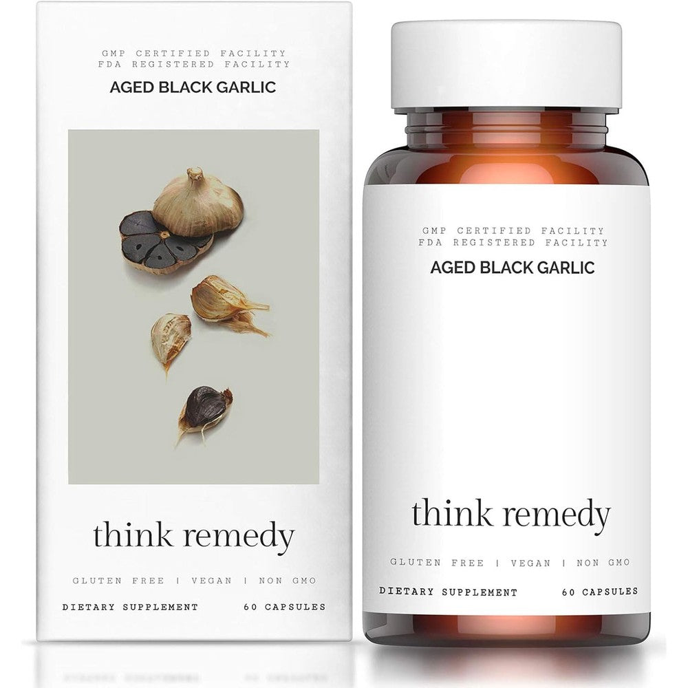 Think Remedy Aged Black Garlic Capsules front view bottle for heart health support.