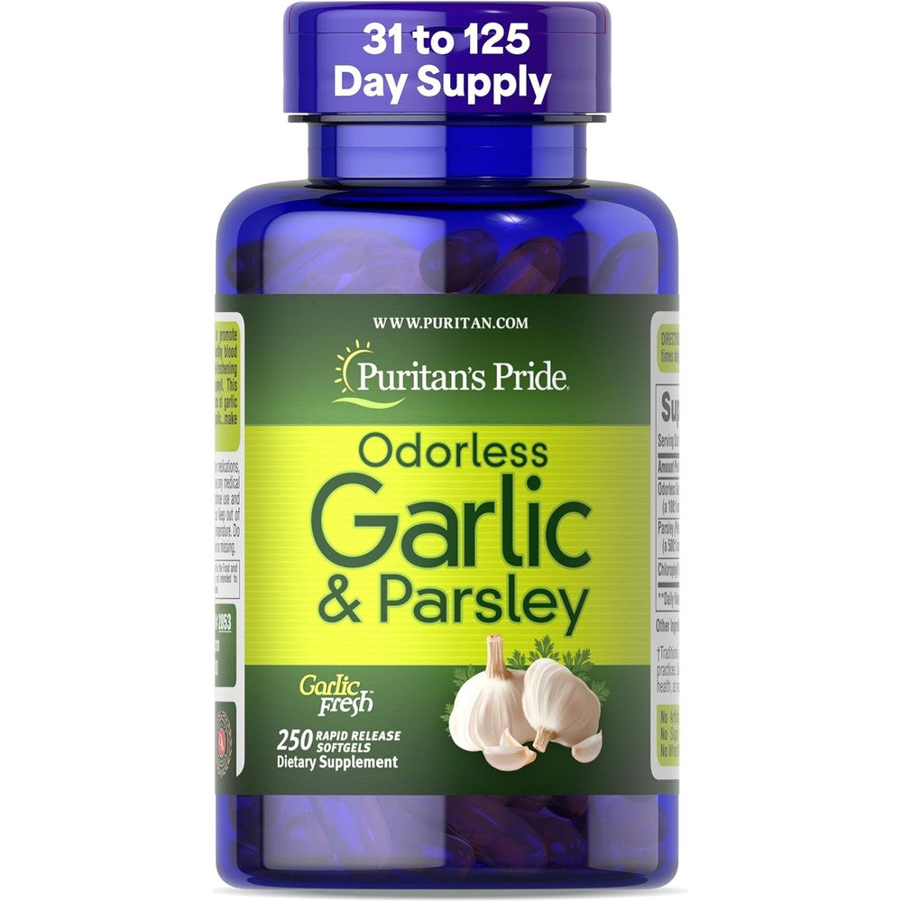 Puritan's Pride Premium Odorless Garlic and Parsley 250 softgels bottle front view for cardiovascular health support.