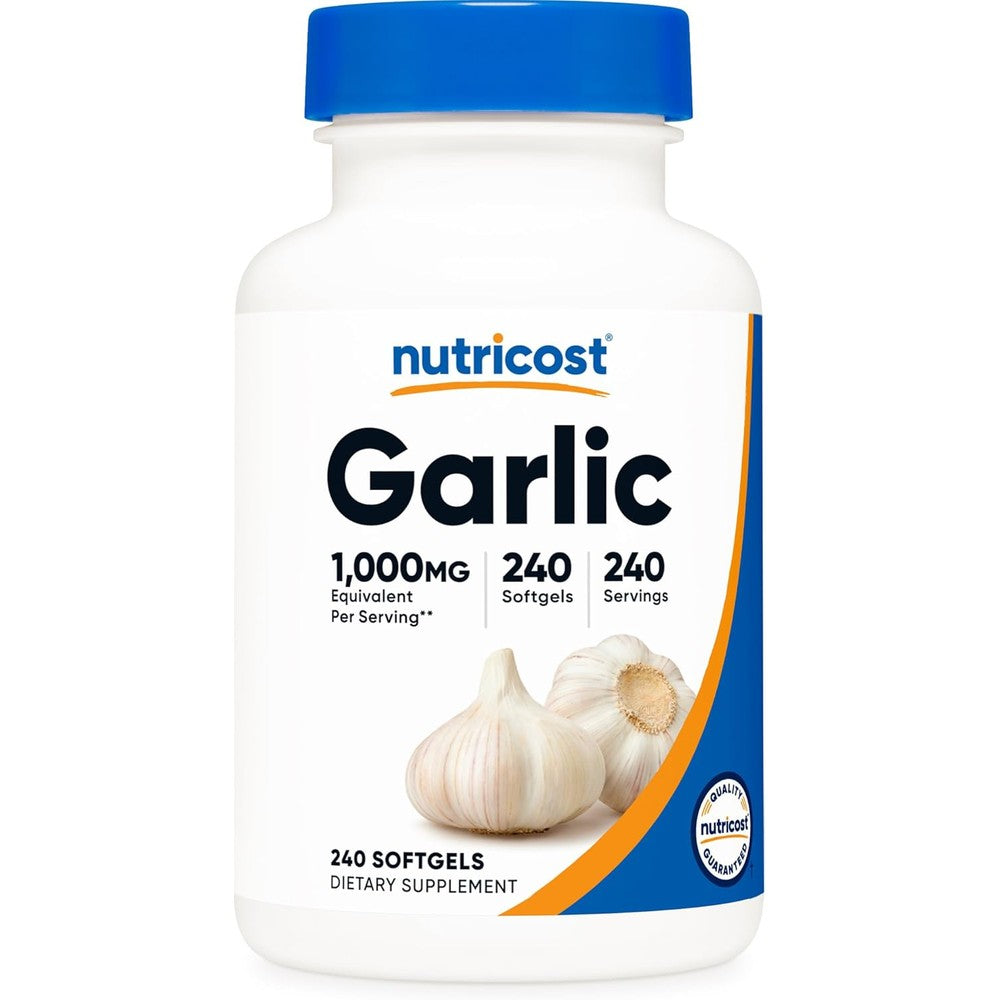 Nutricost Odorless Garlic 1000mg 240 softgels front bottle view for cardiovascular support