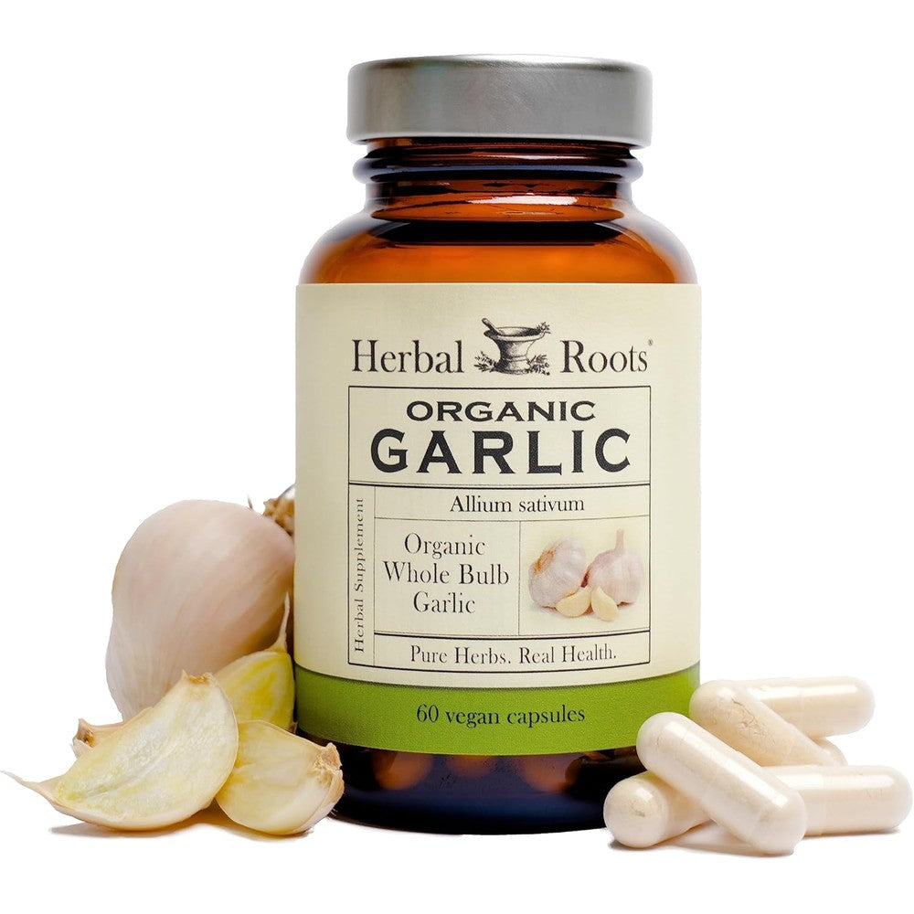 Herbal Roots Organic Whole Bulb Garlic Pills front packaging bottle for immune support