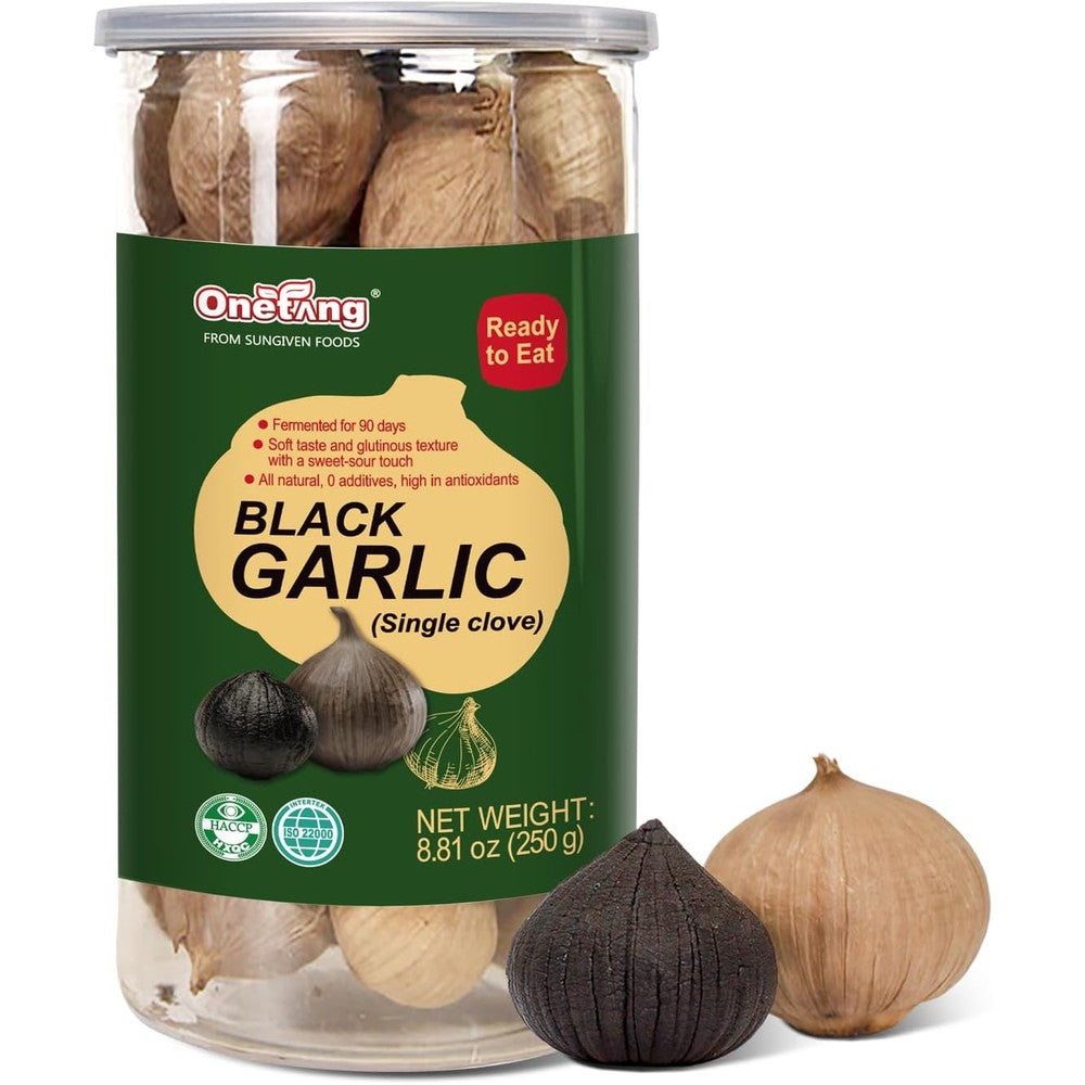 ONETANG Whole Black Garlic packaging front view showing the premium fermented single clove jar.