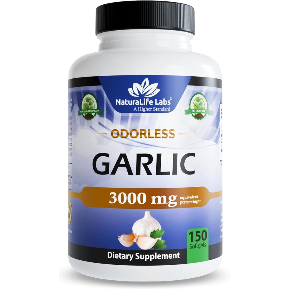 NaturaLife Labs Odorless Garlic Supplement front view bottle of imported immune support capsules