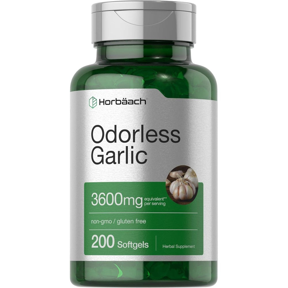 Horbäach Odorless Garlic 3600mg 200 softgels bottle front view for cardiovascular support.