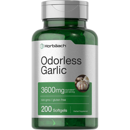Horbäach Odorless Garlic 3600mg 200 softgels bottle front view for cardiovascular support.