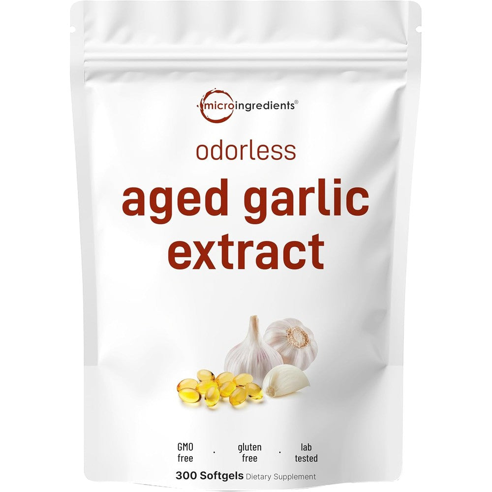Micro Ingredients Odorless Aged Garlic 300 softgels front view showing organic immune supplement packaging.