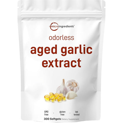 Micro Ingredients Odorless Aged Garlic 300 softgels front view showing organic immune supplement packaging.