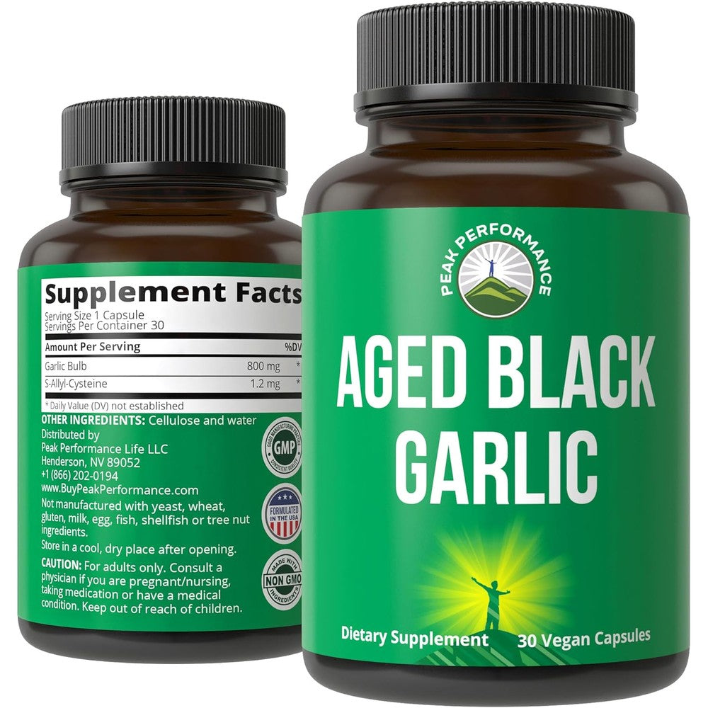 Peak Performance Aged Black Garlic capsules front view bottle for immune support