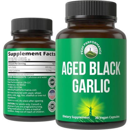 Peak Performance Aged Black Garlic capsules front view bottle for immune support