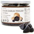 Orgnisulmte Peeled Black Garlic front view jar showcasing authentic fermented multiple cloves