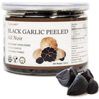 Orgnisulmte Peeled Black Garlic front view jar showcasing authentic fermented multiple cloves