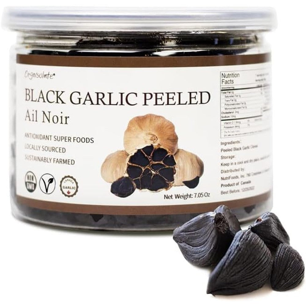 Orgnisulmte Peeled Black Garlic front view jar showcasing authentic fermented multiple cloves