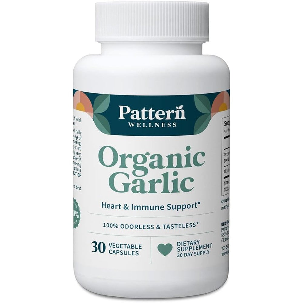 Pattern Wellness Odorless Organic Garlic bottle front view showing capsule count for cardiovascular health supplement