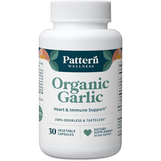 Pattern Wellness Odorless Organic Garlic bottle front view showing capsule count for cardiovascular health supplement