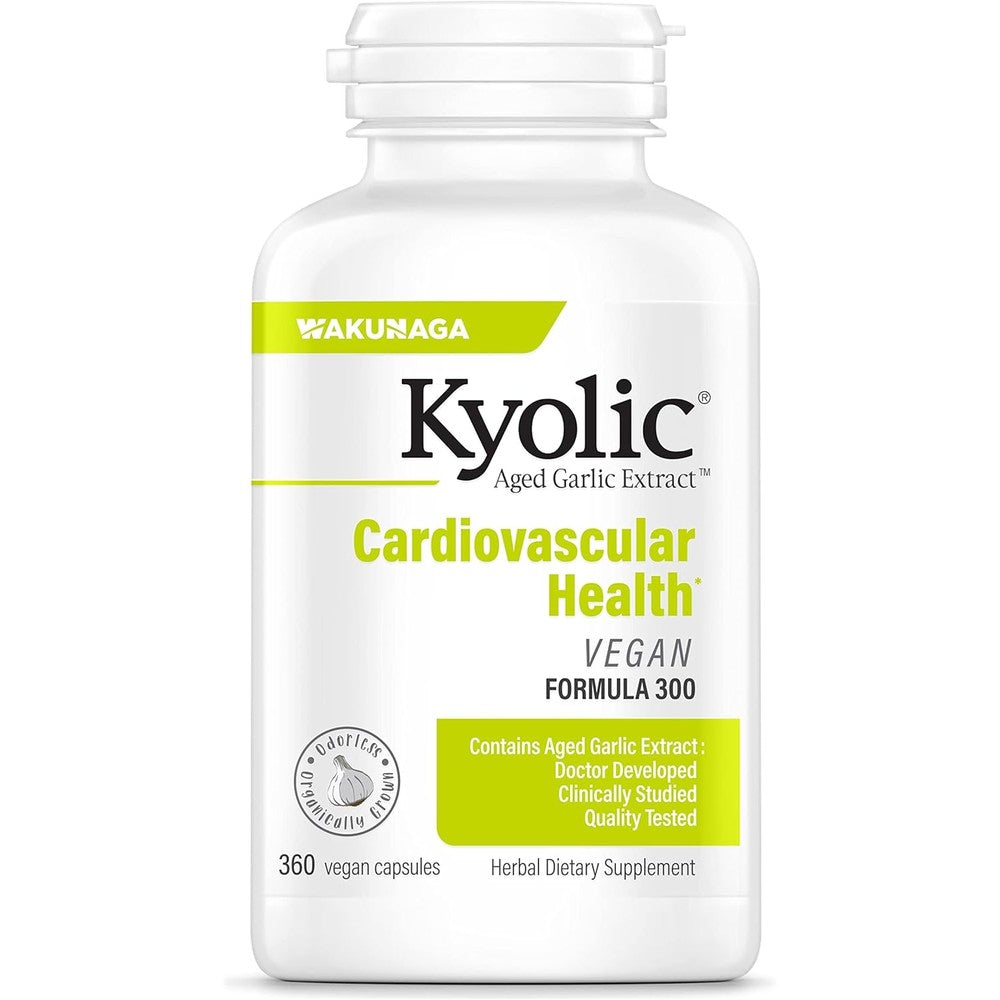 Kyolic Aged Garlic Extract Formula 300 front view bottle showing 360 vegan capsules