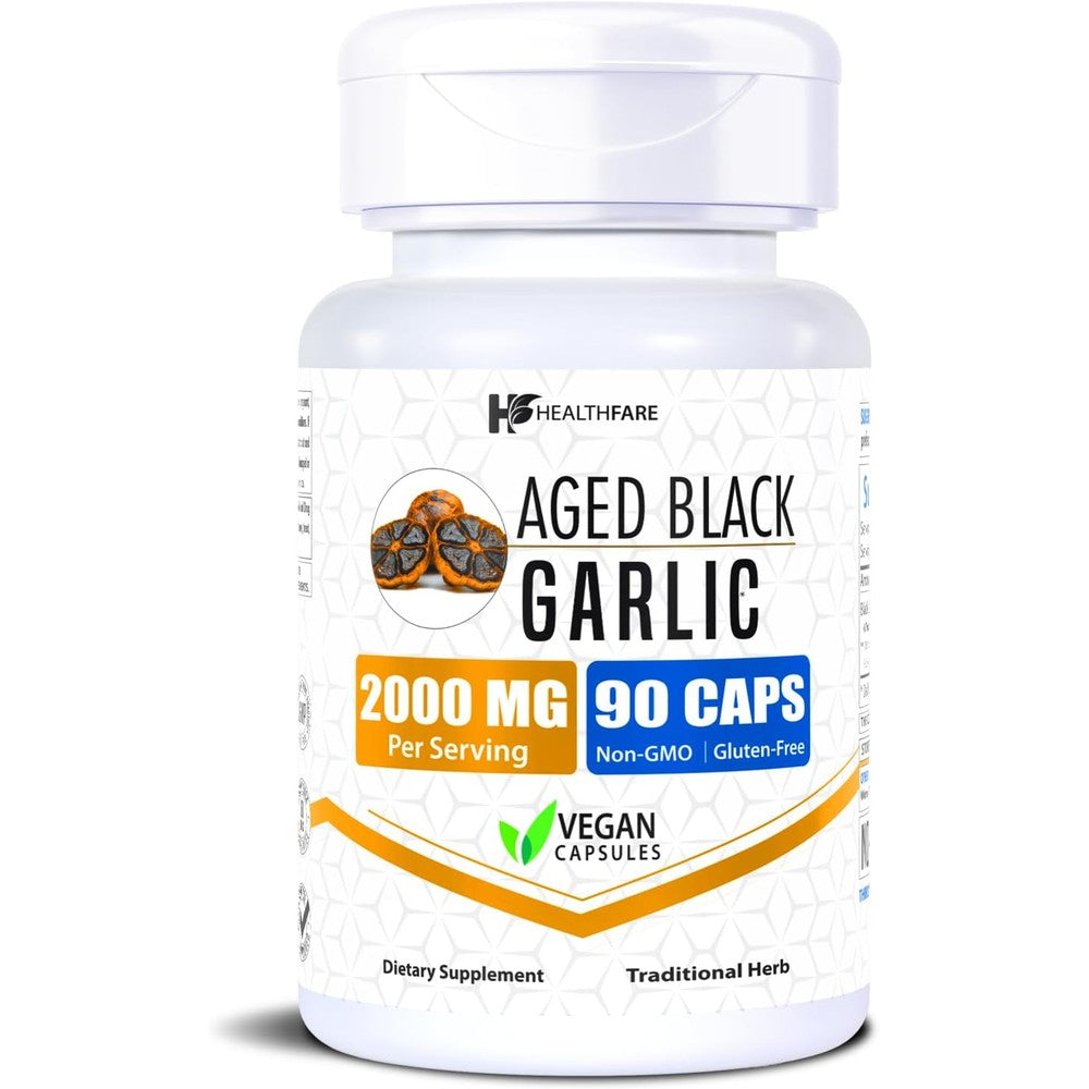 Healthfare Aged Black Garlic Supplement 2000mg front view bottle packaging