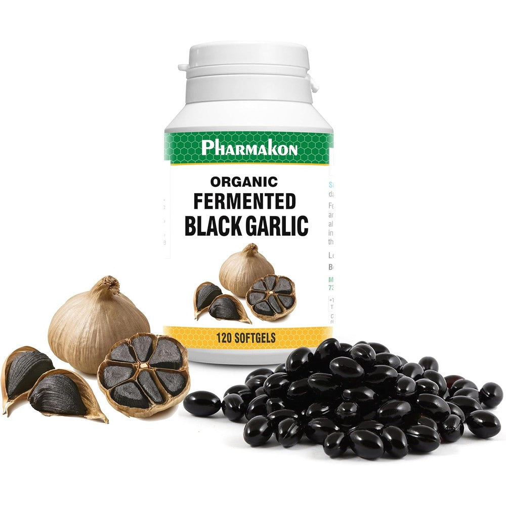 Pharmakon Organic Aged Black Garlic 120 soft capsules front view bottle packaging for cardiovascular health.