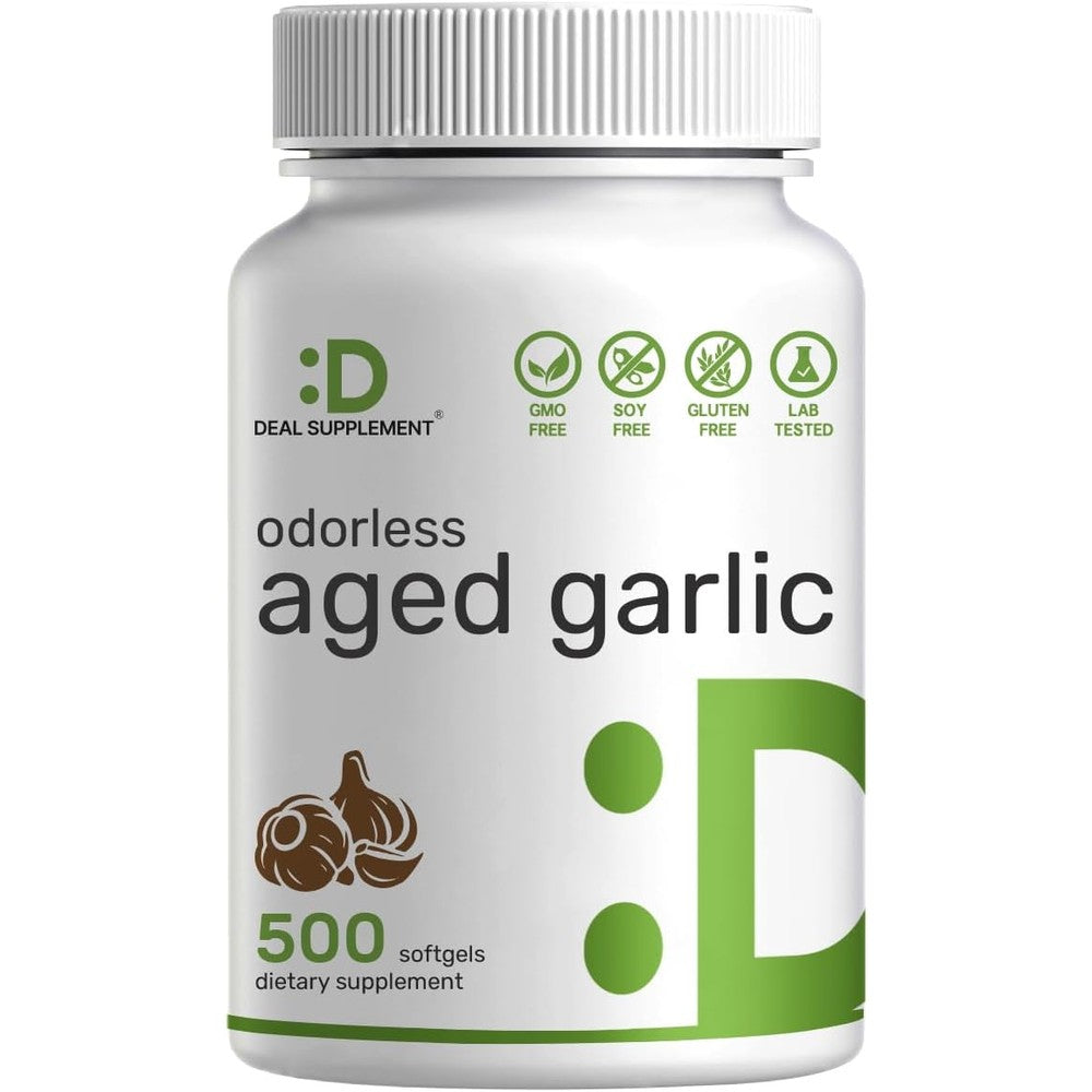 Deal Supplement Odorless Aged Garlic 500 Softgels bottle front view for heart health support.