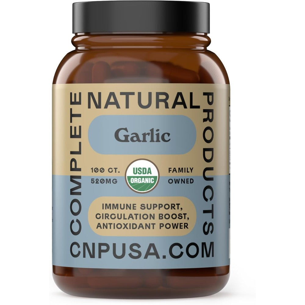 Complete Natural Products Organic Garlic Capsules 520mg front bottle view for heart health support