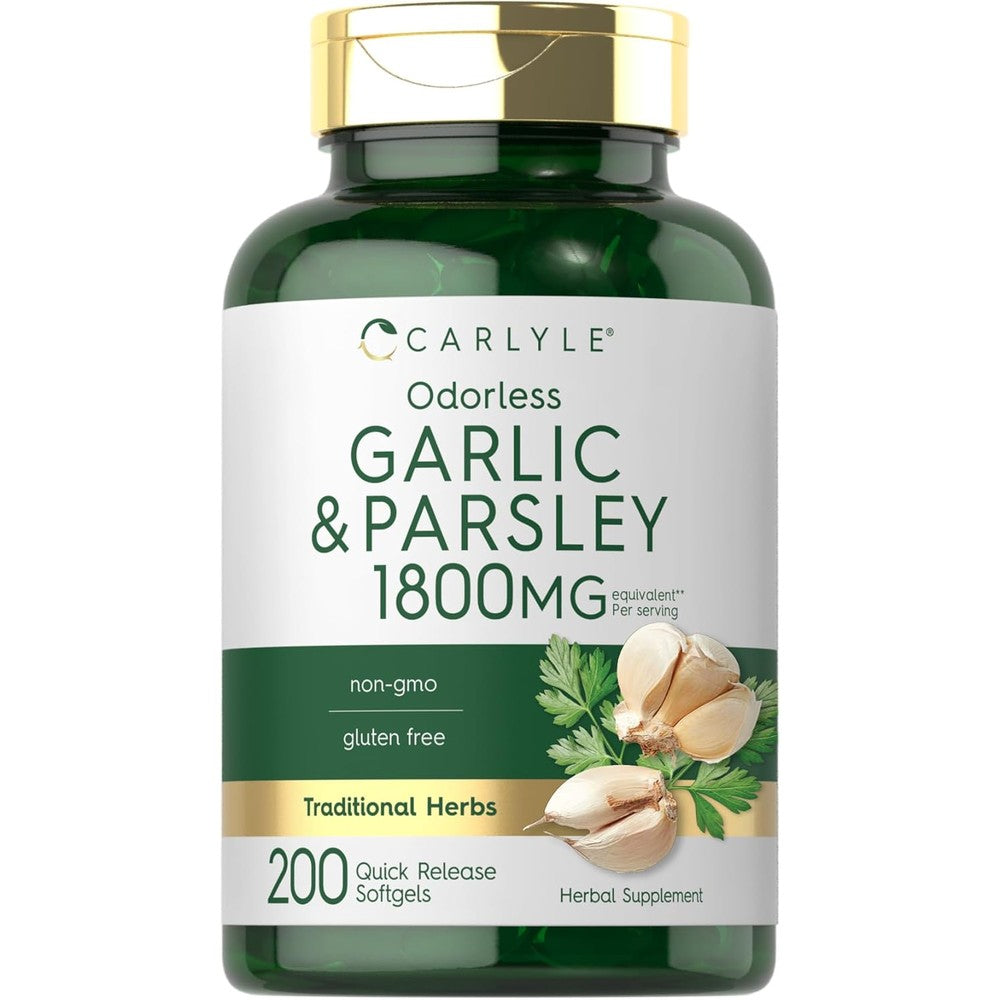 Carlyle Odorless Garlic and Parsley supplement bottle front view showcasing cardiovascular health benefits.