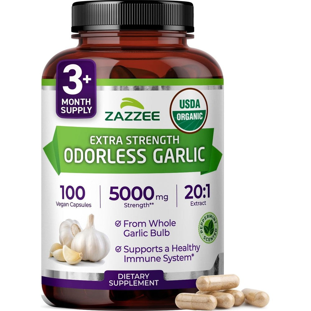 Zazzee Naturals USDA Organic Odorless Garlic 100 vegan capsules front bottle view for heart health support.