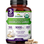 Zazzee Naturals USDA Organic Odorless Garlic 100 vegan capsules front bottle view for heart health support.