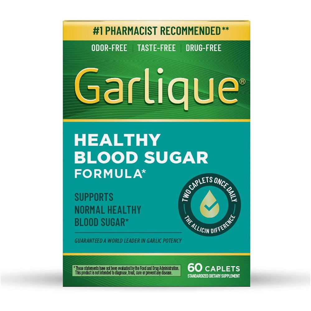 Garlique Healthy Blood Sugar Formula 60 vegan caplets front view for daily glucose management.