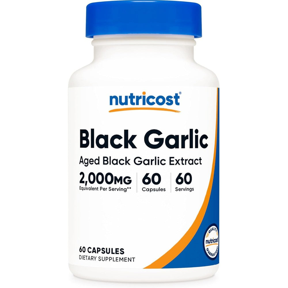 Nutricost Black Garlic Extract 2000mg equivalent 60 capsules front view showing vegan and non-GMO labels.