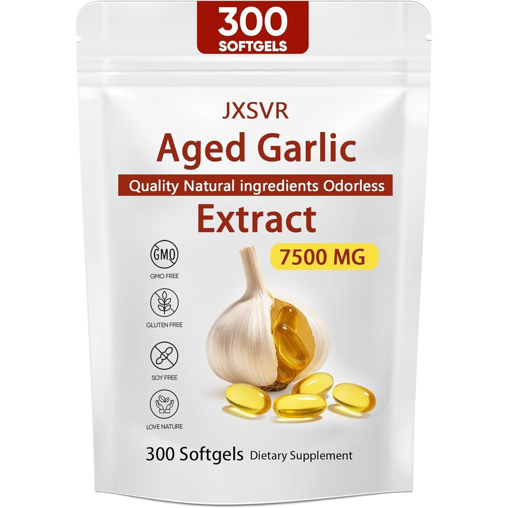 JXSVR Aged Garlic Extract 7500mg front view of the authentic USA imported supplement pouch.
