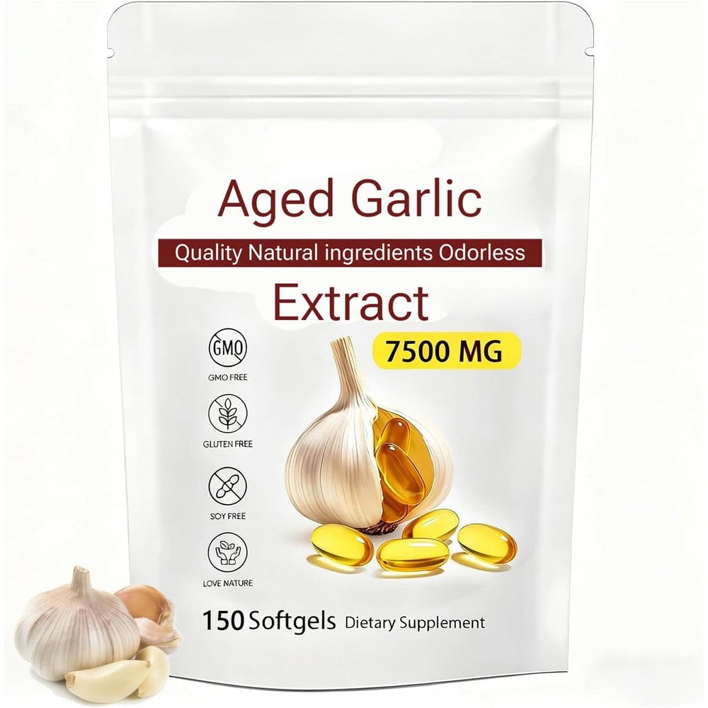 Love Nature Aged Garlic Extract 7500mg 150 softgels front packaging view for heart health support.