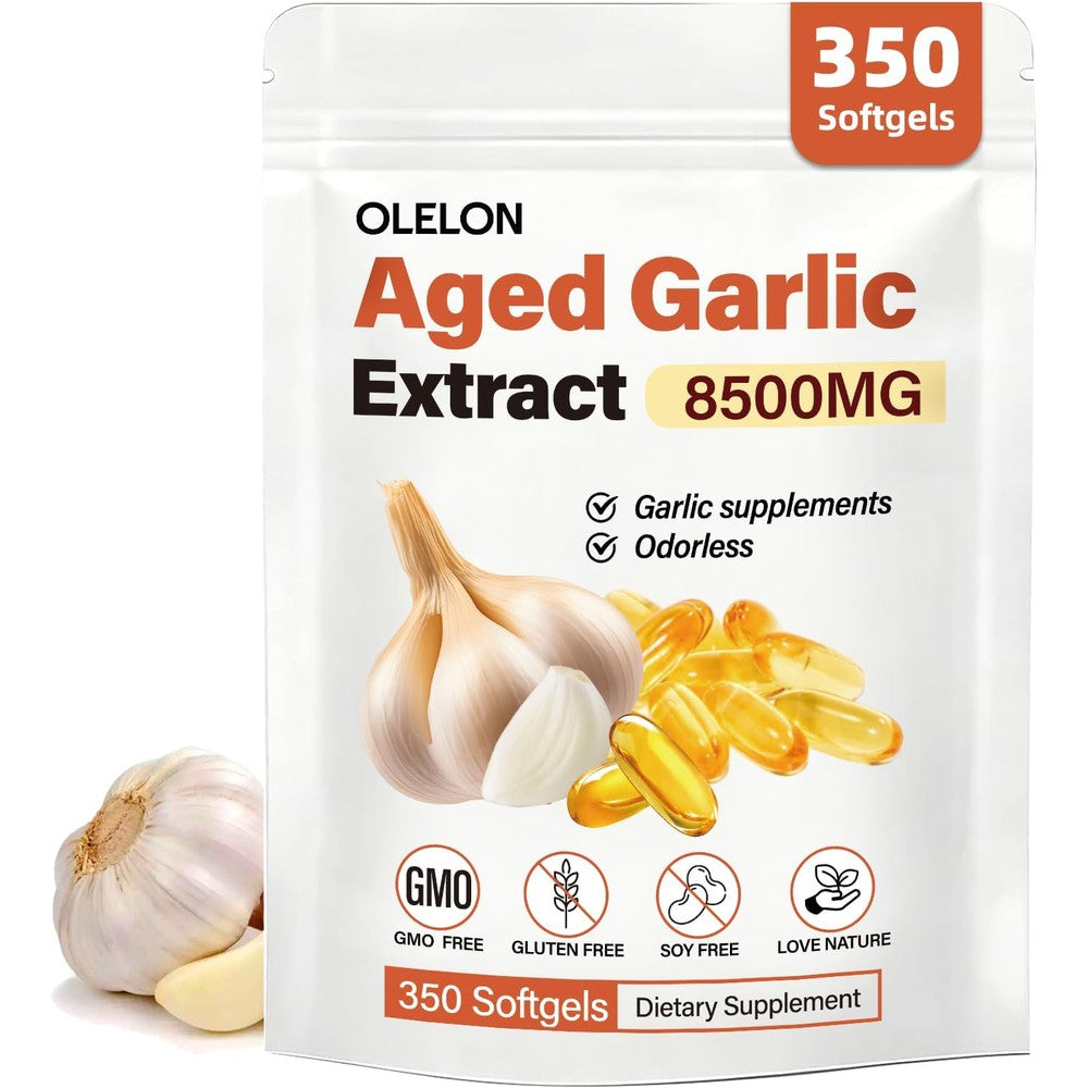 OLELON Aged Garlic Extract 8500mg front view of the premium supplement bottle packaging for heart health