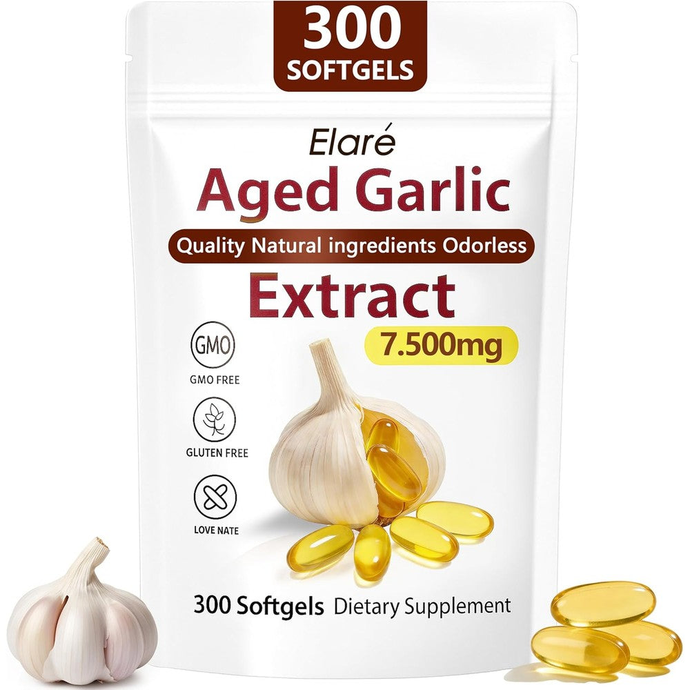 Ylotre Vaairinyi Elare Aged Garlic Extract 300 softgels bottle front view showing health benefits