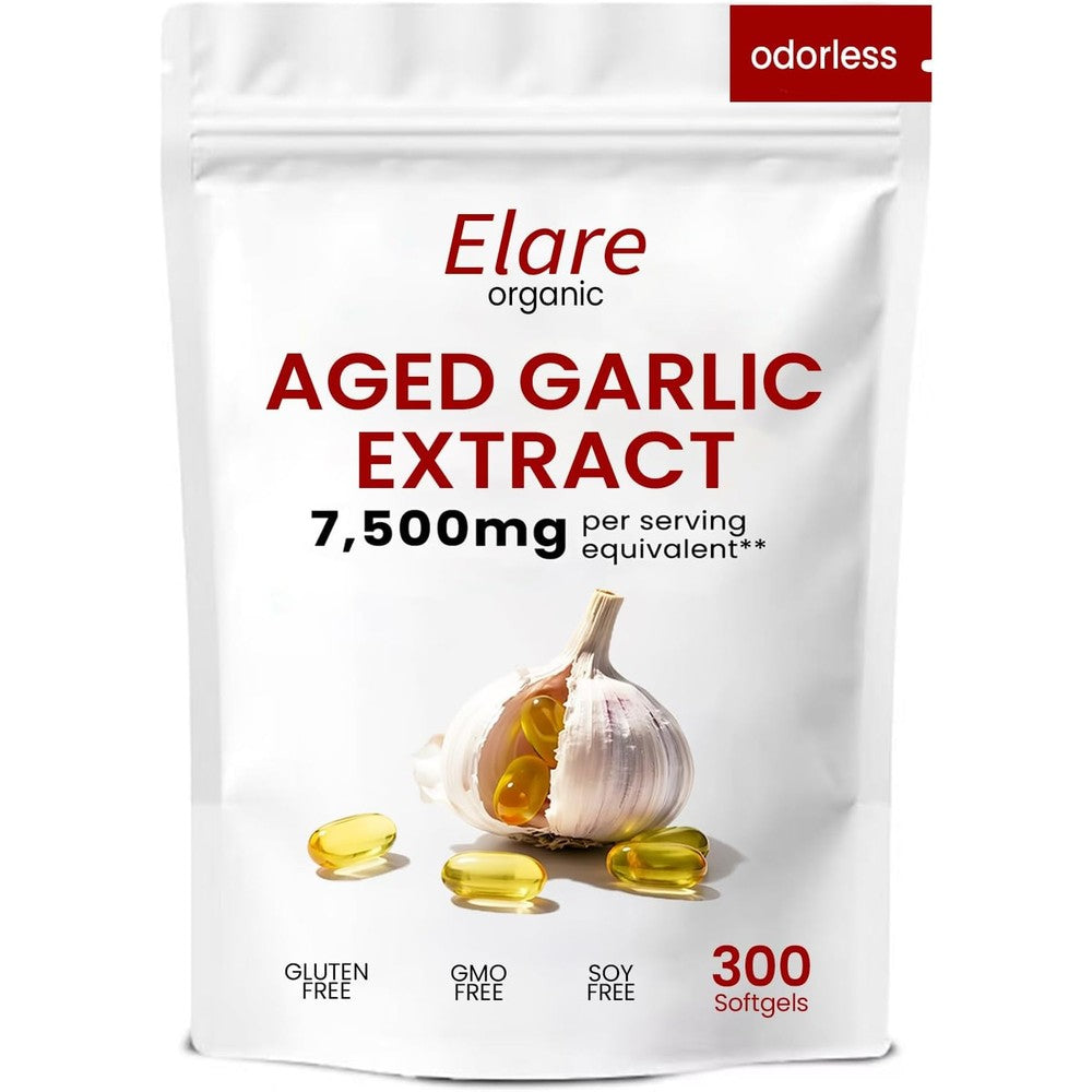 Elare Organic Aged Garlic Extract 7500mg softgels front view packaging for heart health.