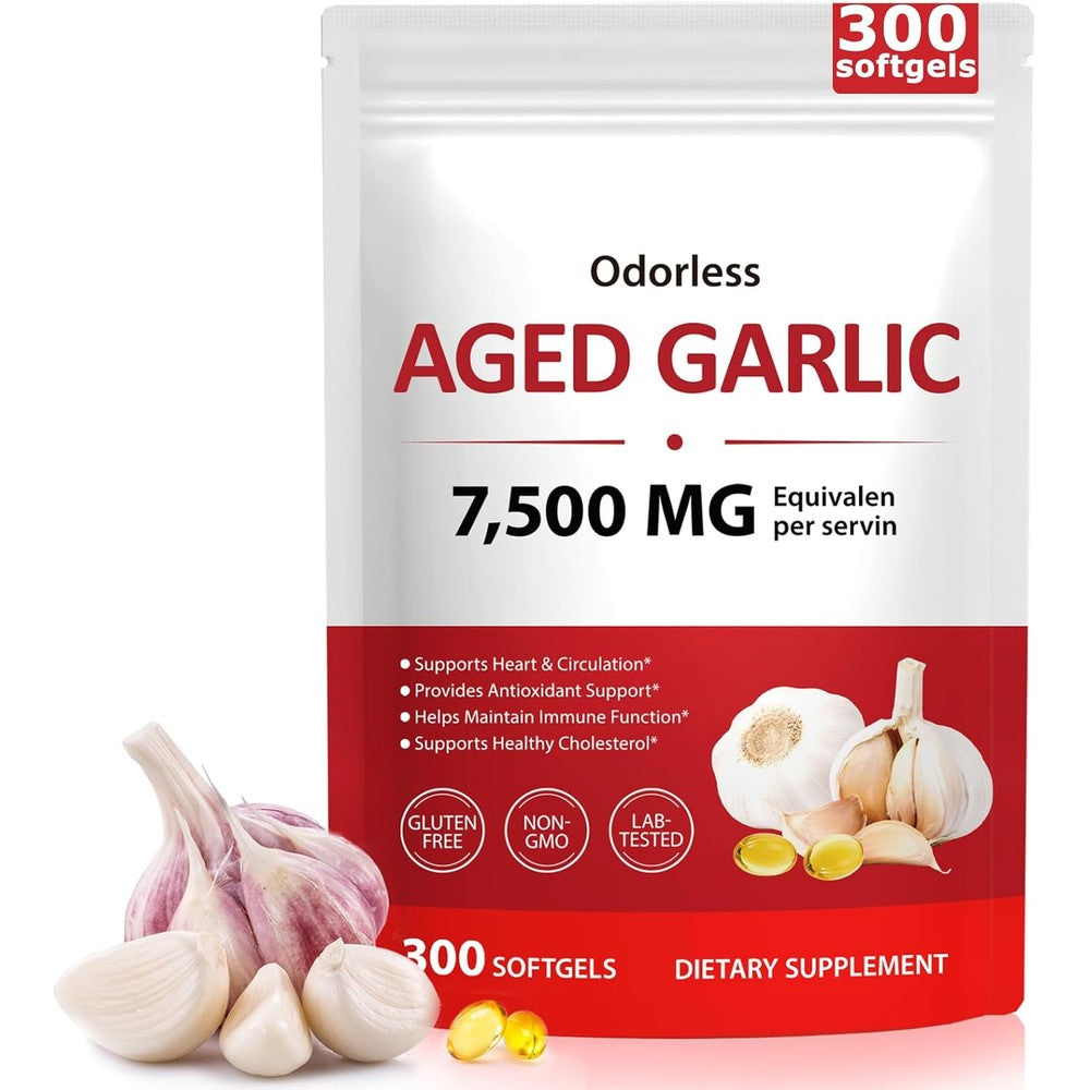 Eoqifjm Odorless Aged Garlic Extract three hundred softgels front view bottle