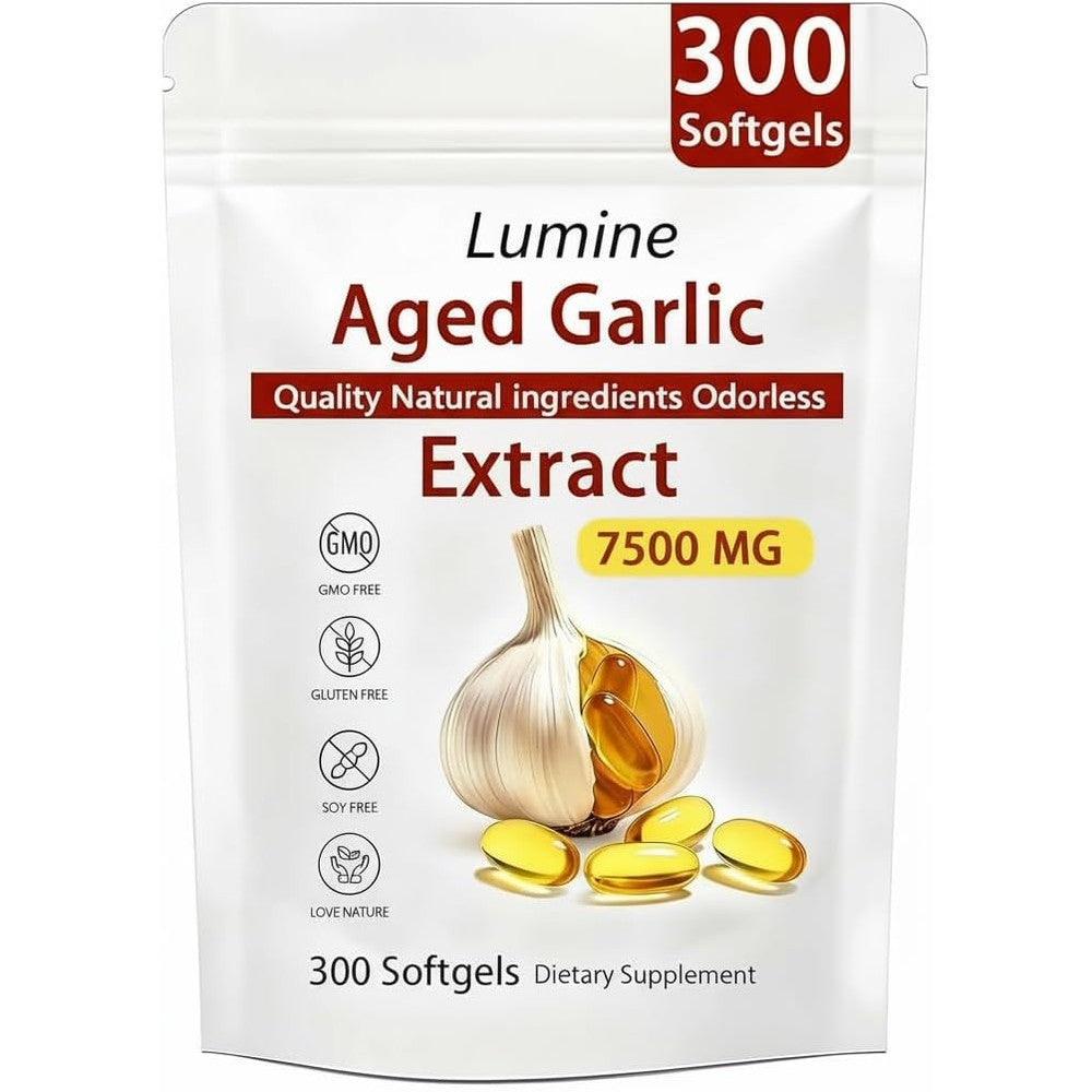 LUMINE Aged Garlic Extract 7500mg 300 softgels front view pouch packaging organic wellness supplement