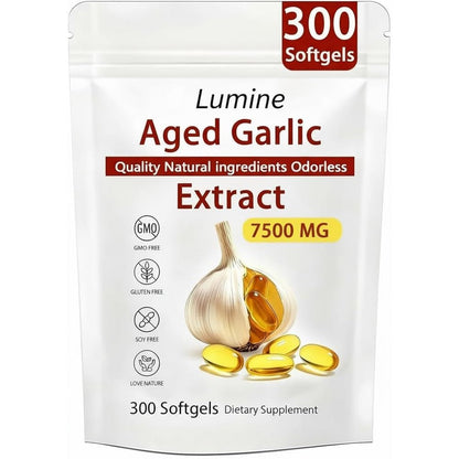 LUMINE Aged Garlic Extract 7500mg 300 softgels front view pouch packaging organic wellness supplement