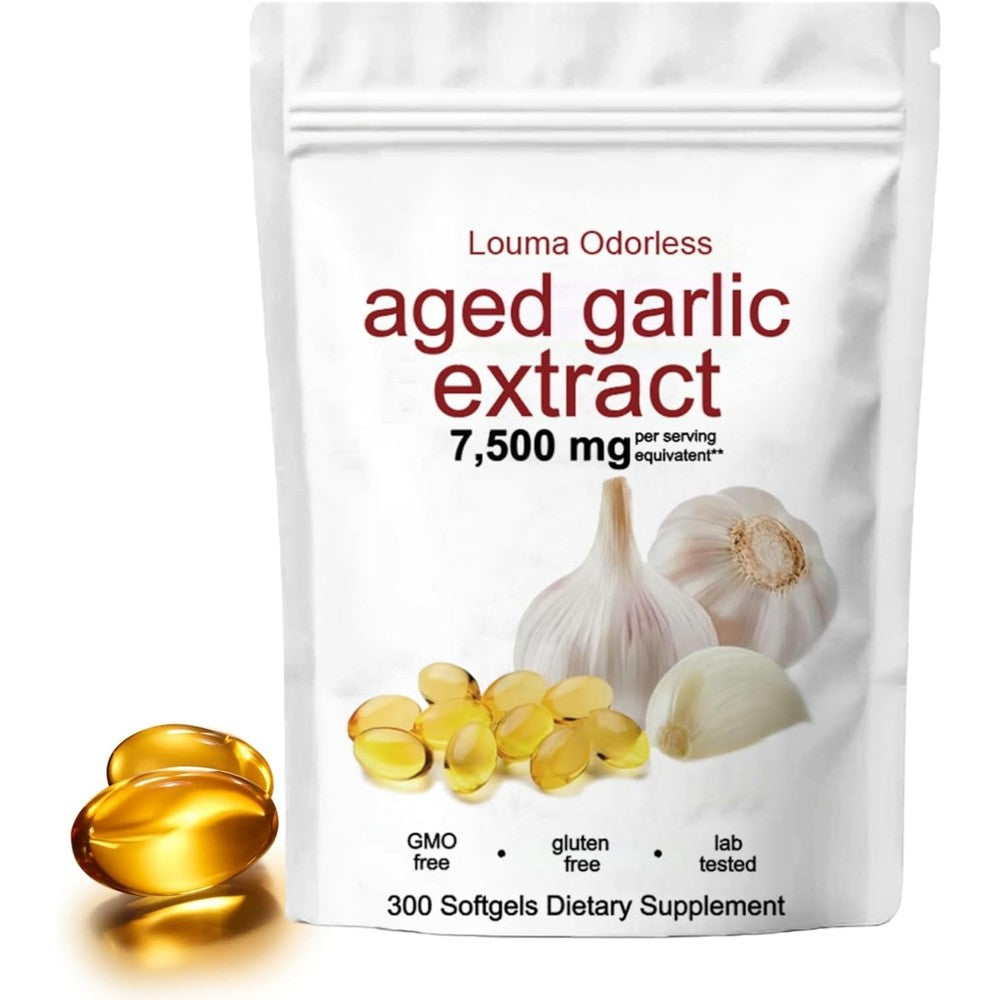 Louma Odorless Aged Garlic Extract 7500mg front bottle label for cardiovascular health